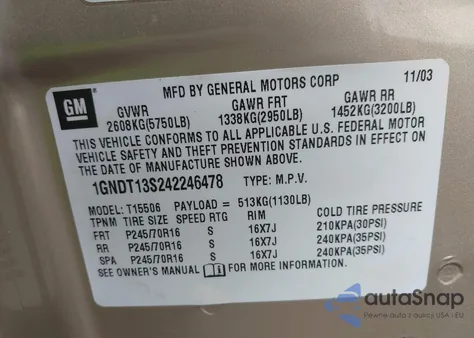 2004 Chevrolet Trailblazer Ls from USA, damaged, VIN 1GNDT13S242246478